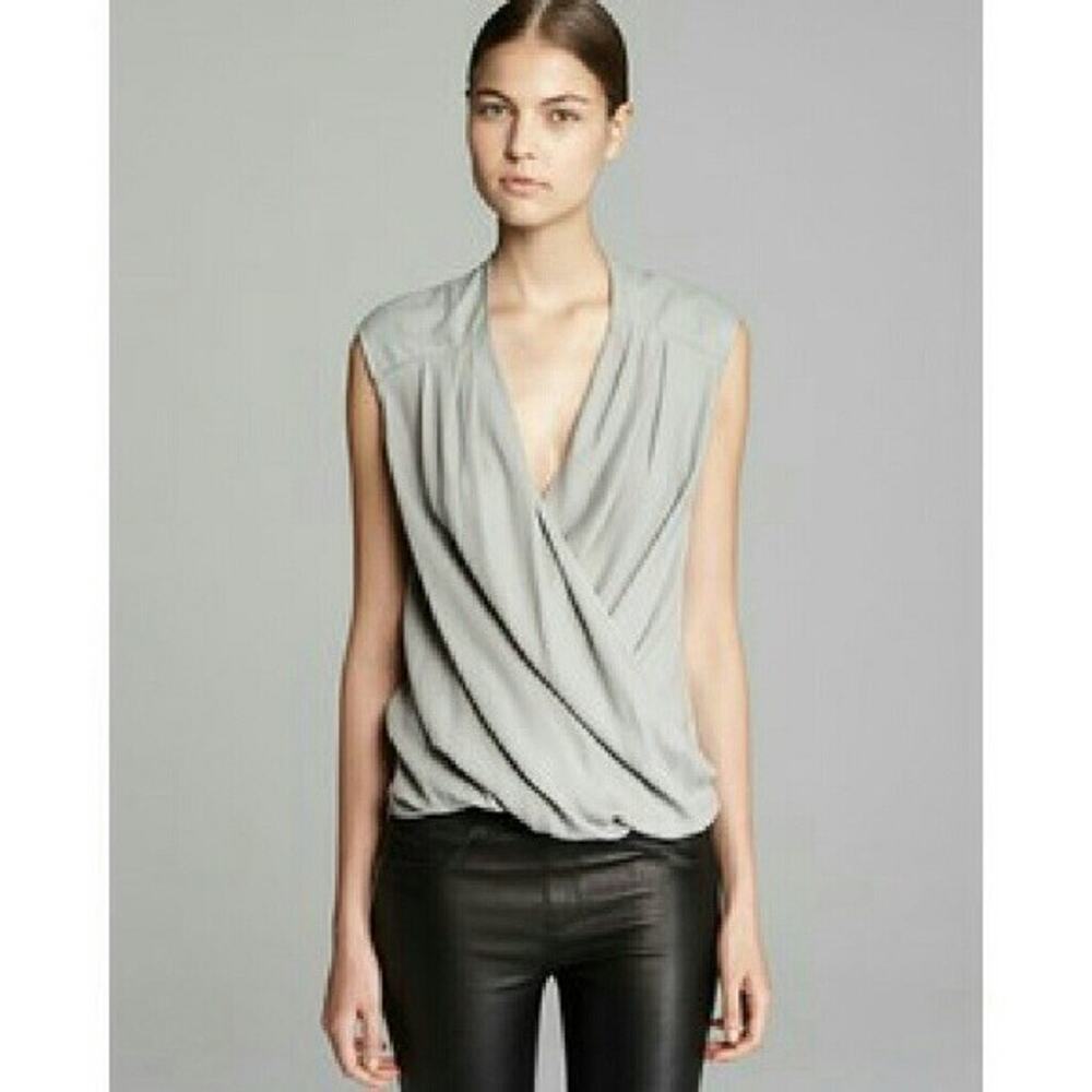 Helmut Lang Morse Drape Top Blouse Shirt Gray Surplice V Neck Sleeveless P XS